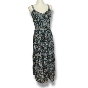 Black Tape Dress Floral Maxi Tiered Long Black Blue Pink Flowers Size Medium NWT